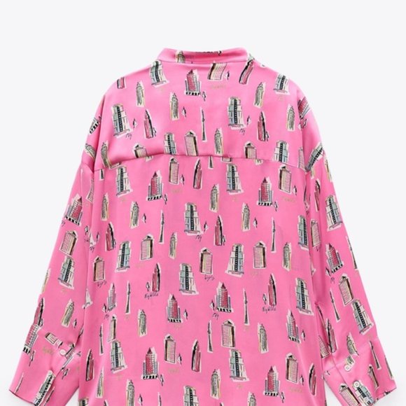 Zara Printed Buildings Nightlife Satin Shirt Pink - Picture 4 of 10